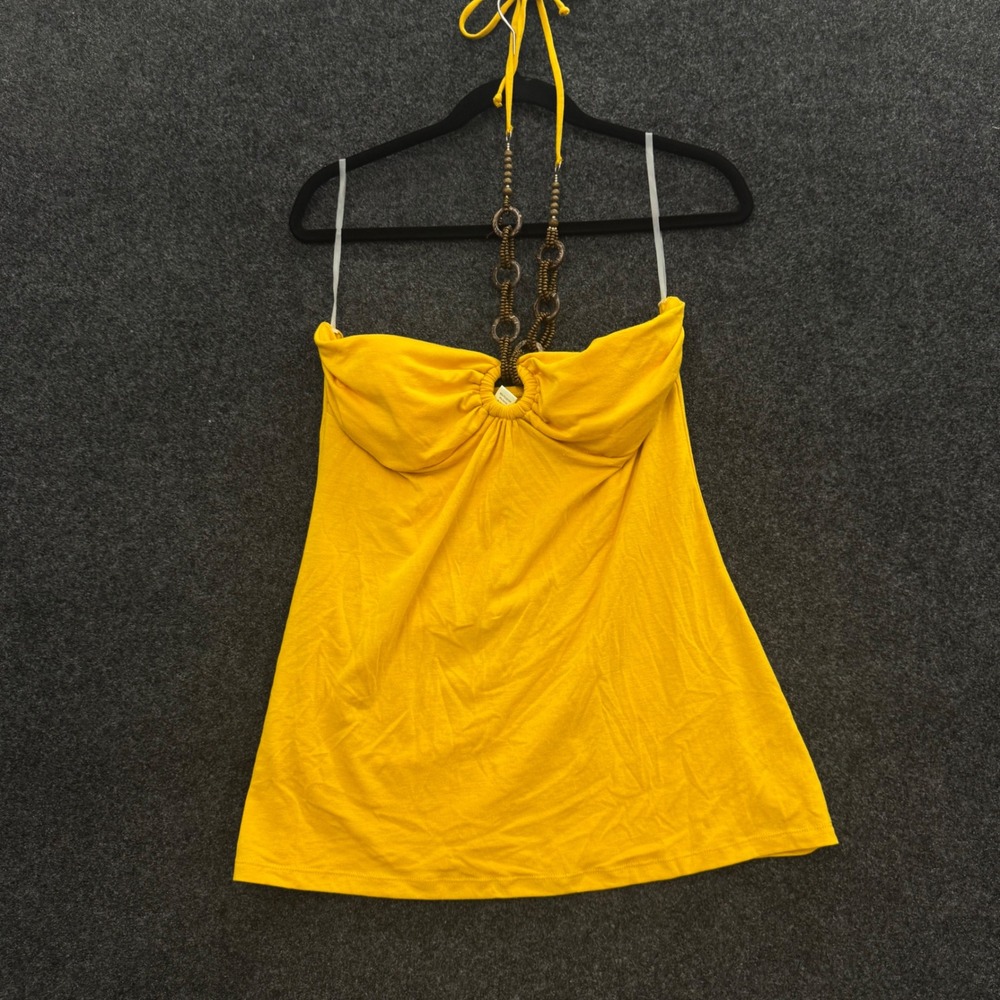 B.S.B. Yellow Beaded Halter Top Boho Babydoll O-Ring Neckline VPK560TTA XL